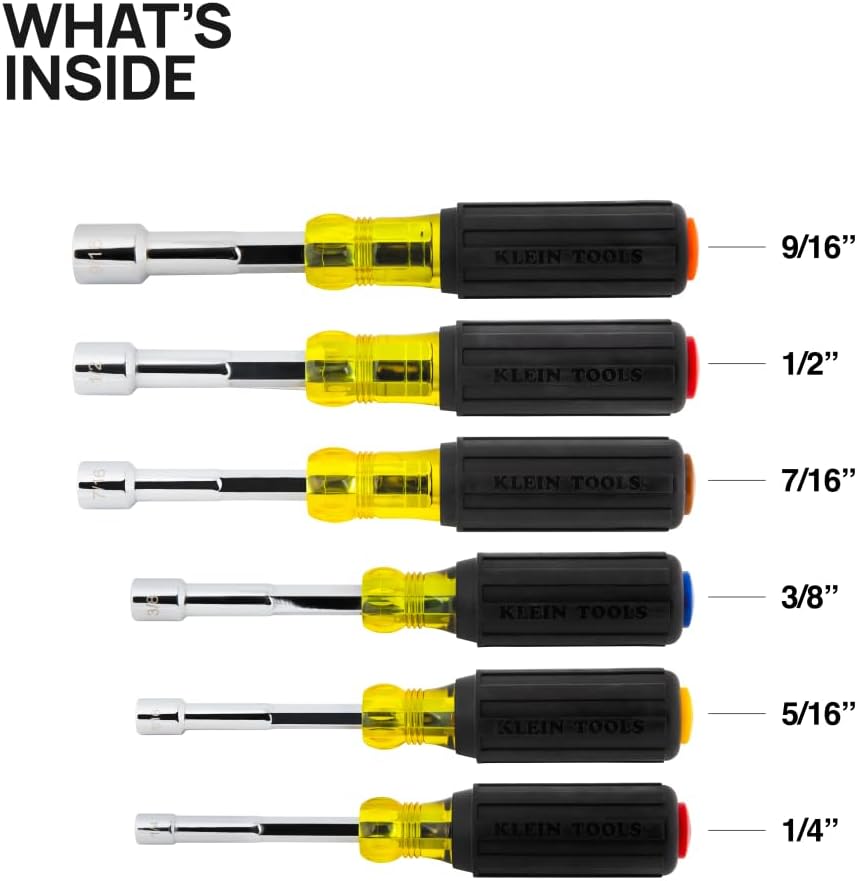 Klein Tools 65456 Hollow-Shaft Nut Driver Set, Heavy-Duty, Color-Coded Hex Sizes 1/4 to 9/16-Inch, Cushion-Grip Handles, 6-Piece