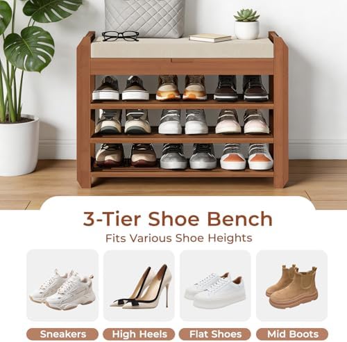 27.6" shoe rack bench with coat rack, 3-tier, side view