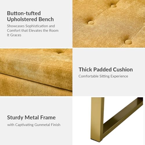 modern storage ottoman bench with gold metal legs showing dimensions