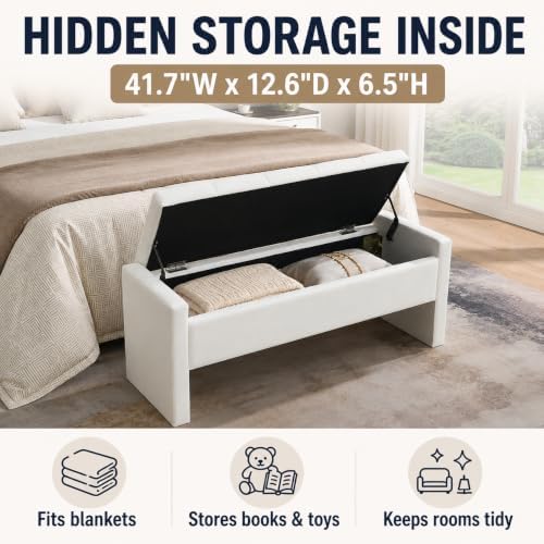 47.25 inch storage ottoman bench, linen upholstered, white, side view