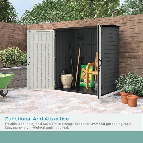 suncast xl vertical storage shed, 106 cu ft showing dimensions