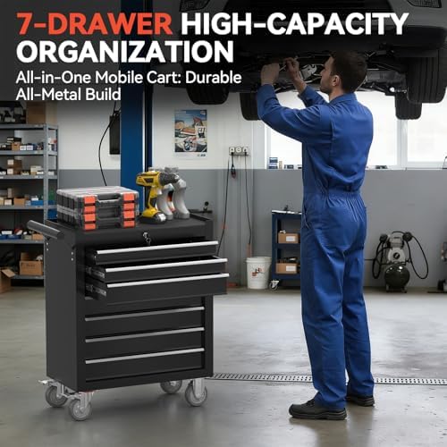 7-drawer rolling tool chest with wheels, metal tool shown in use