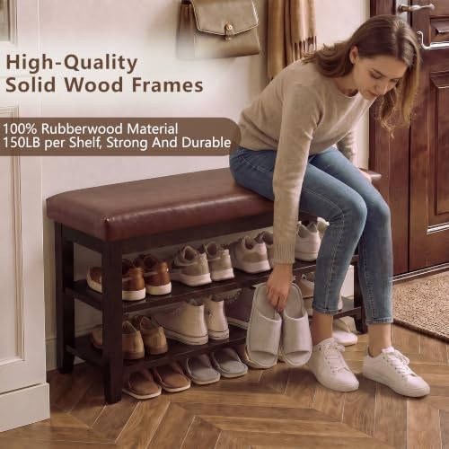 40" wooden shoe rack with seating, entryway bench, close-up detail