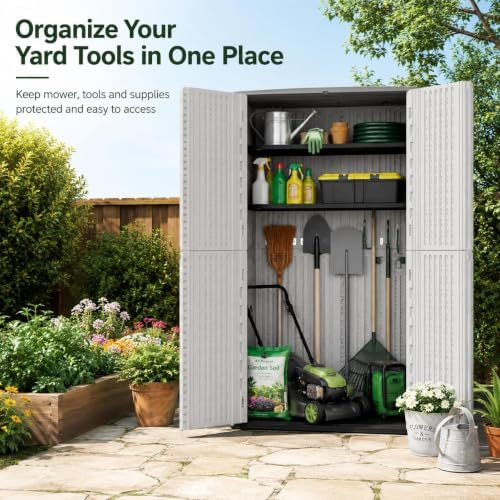 addok 66 cu.ft outdoor storage shed,resin storage cabinet on a desk or shelf