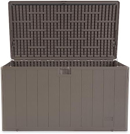 plastic development group outdoor deck box, soft close on a desk or shelf