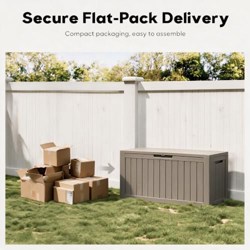 91 gal deck box,waterproof resin outdoor storage gas on a desk or shelf