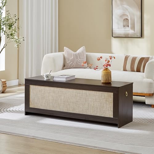 51.2"storage chest large,wooden rattan storage bench,obsidian black showing dimensions