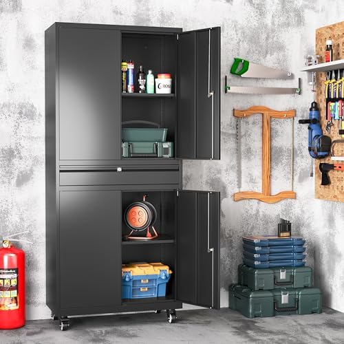 metal garage storage cabinet with wheels,lockable storage cabinet, front angle view