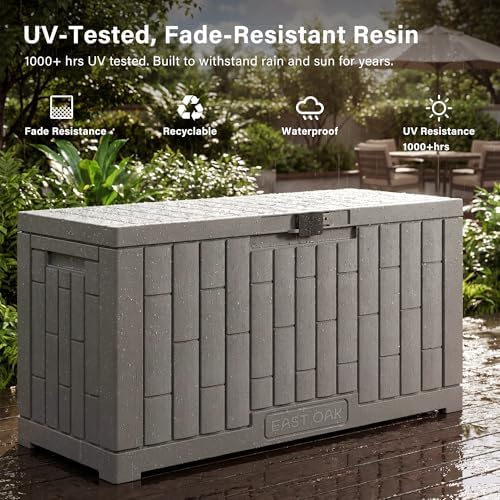 east oak outdoor storage box, 60 gallon deck, close-up detail