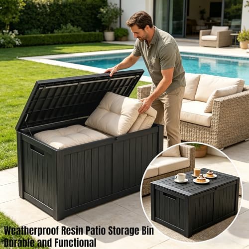 makino 178 gallon large resin outdoor storage box shown in use