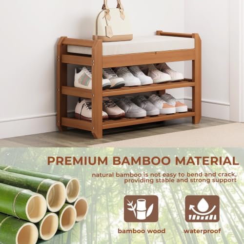 27.6" entryway shoe rack bench with cushion, 2-tier, side view