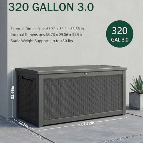outdoor storage box,320 gallon waterproof deck box [upgraded shown in use