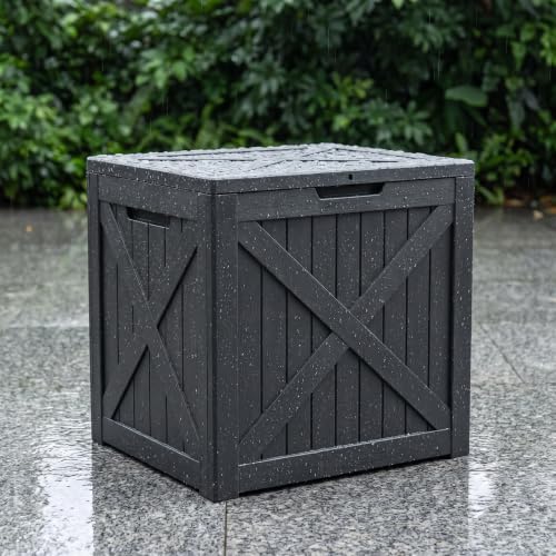 32 gallon waterproof resin storage deck box, black on a desk or shelf
