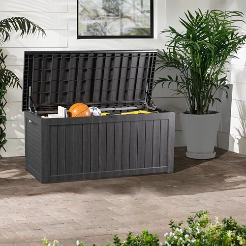 300 gallon outdoor storage box, waterproof resin deck, front angle view
