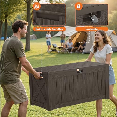 130 gallon deck box outdoor indoor waterproof storage shown in use