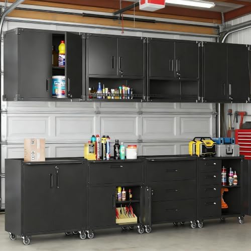 metal garage storage cabinet on wheels, lockable rolling on a desk or shelf