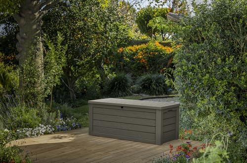 keter westwood 150 gallon resin large outdoor storage, close-up detail