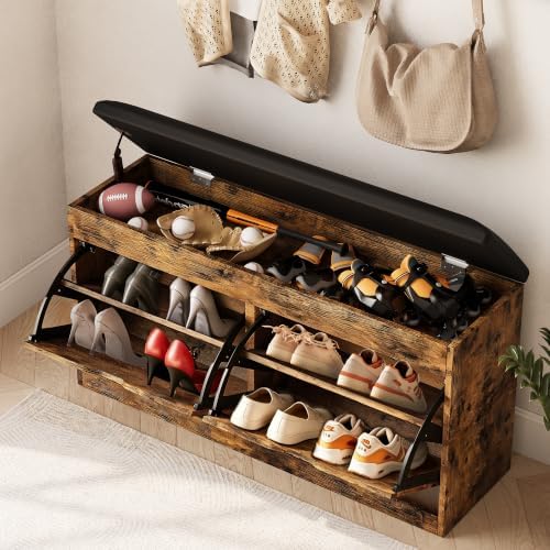 40" shoe storage bench with 2 flip drawers, front angle view