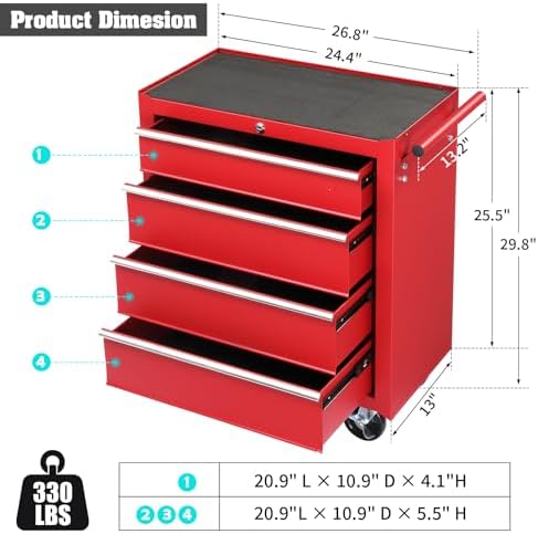 winado 4 drawer rolling tool cabinet, lockable steel, close-up detail