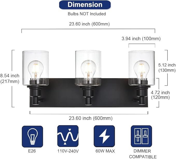 TODOLUZ Industrial Wall Sconce Lighting in Matte Black Finish, 3-Light Bathroom - Image 4