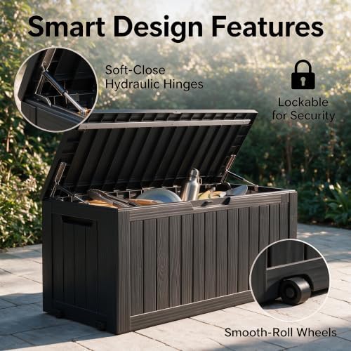 90 gal deck box,waterproof resin outdoor storage gas on a desk or shelf