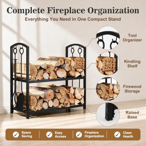 feed garden firewood rack with 4-piece fireplace tools, side view