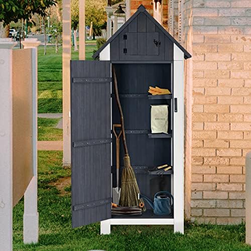 mcombo outdoor storage cabinet with shelves, wooden outside, close-up detail