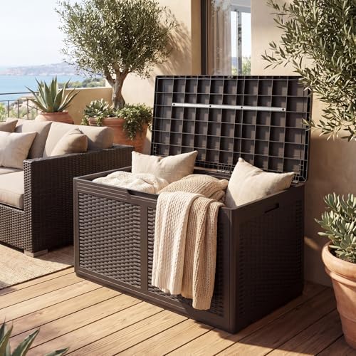 tangkula 100 gallon outdoor storage box, lockable outdoor, front angle view
