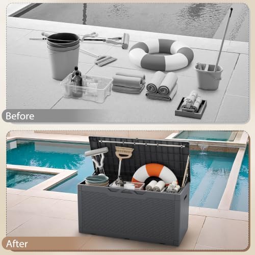 devoko 100 gallon deck box waterproof outdoor storage on a desk or shelf