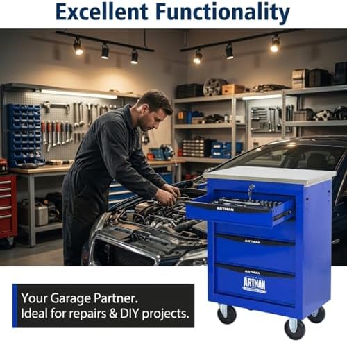 rolling tool chest,stainless steel worktop,blue,4‑drawer, view 9