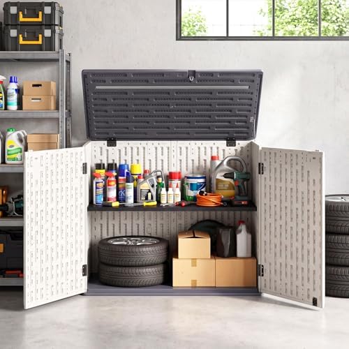 dreamade horizontal outdoor storage cabinet, 20 cu.ft resin shown in use