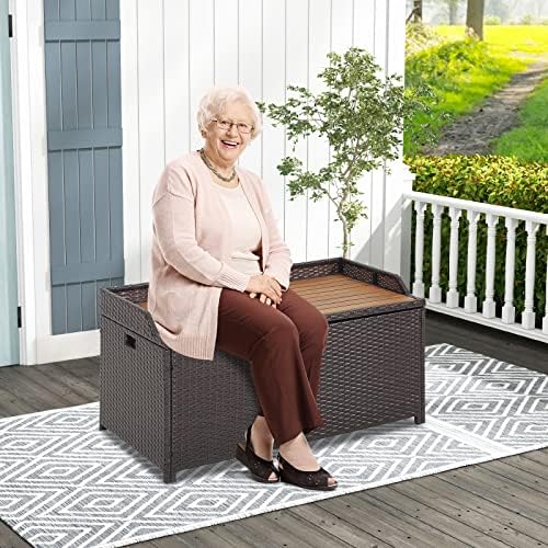 happygrill patio storage bench rattan wicker deck box shown in use