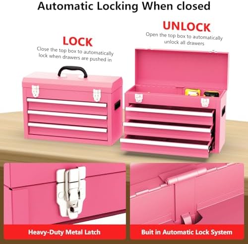 3 drawer metal tool box, portable metal tool, close-up detail
