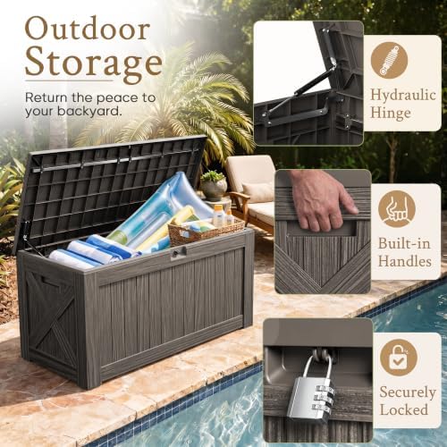 devoko 120 gallon deck box resin outdoor storage shown in use