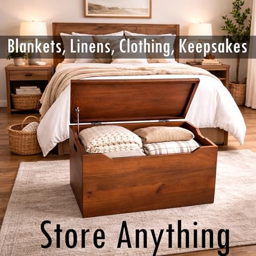 fully assembled, solid wood storage chest with lid showing dimensions