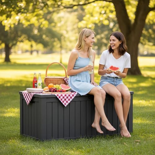 makino 152 gallon resin outdoor storage box, waterproof showing dimensions