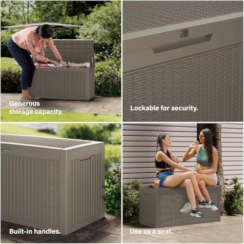 outdoor storage box waterproof, 150 gallon lockable resin on a desk or shelf