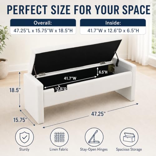 47.25 inch storage ottoman bench, linen upholstered, white shown in use