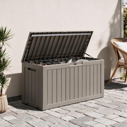 91 gal deck box,waterproof resin outdoor storage gas shown in use