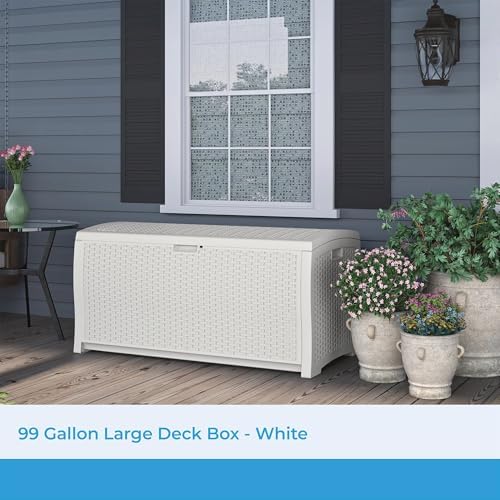 suncast 99 gallon wicker horizontal outdoor deck box shown in use