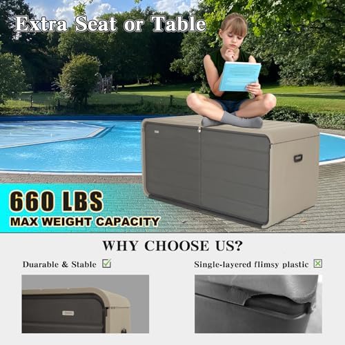 domi 260 gallon resin deck box, outdoor waterproof, front angle view