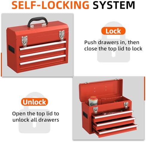 portable metal tool box – 3 drawers lockable, close-up detail
