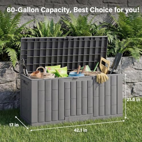 east oak outdoor storage box, 60 gallon deck shown in use