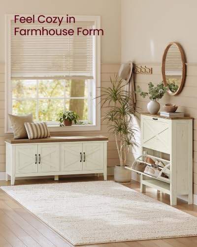 vasagle shoe bench, farmhouse entryway bench with cushion on a desk or shelf