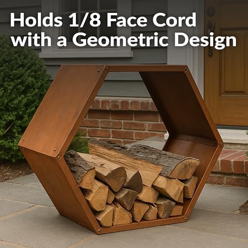 sunnydaze steel outdoor firewood rack, 30” w, hexagon shown in use