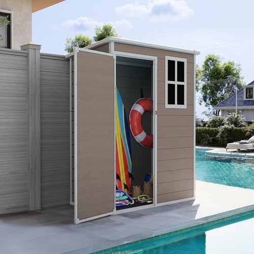 udpatio outdoor storage shed 5x3 ft, garden resin, front angle view
