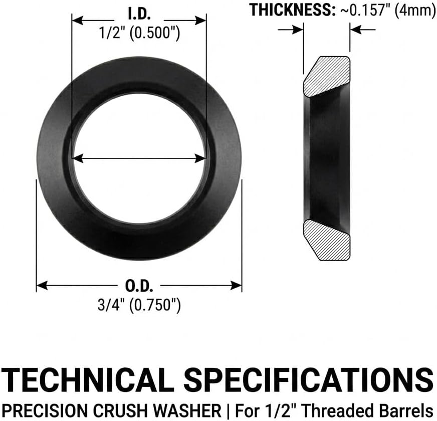 1/2x28 Crush Washer for .223 5.56, 5 Pack, Black Oxide Steel | Single use conical washer for 1/2x28 threads. Compresses under torque to seat the mating part square