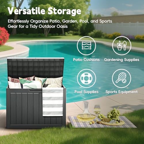 lubannese outdoor storage box, 50 gallon waterproof resin, side view
