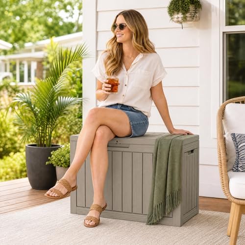 outdoor storage box resin deck box waterproof gray on a desk or shelf