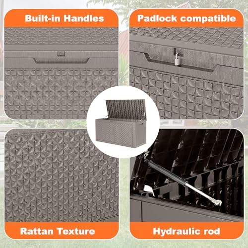 110 gallon outdoor storage box waterproof, resin lockable on a desk or shelf